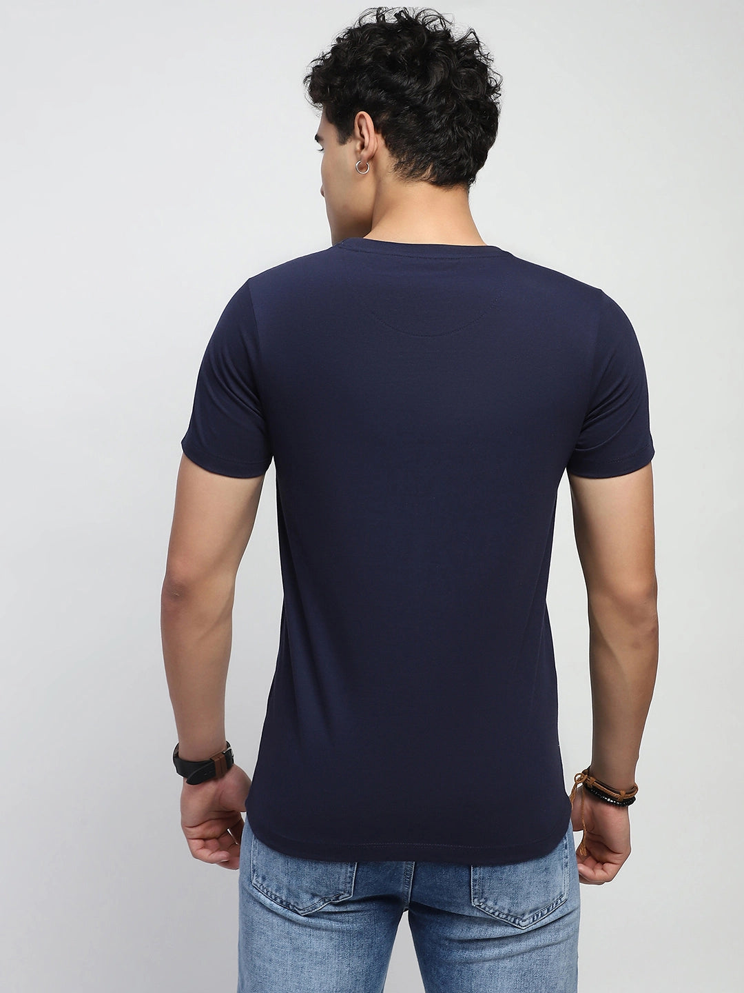 Navy Graphic Print Cotton Blend Regular Fit T-Shirt