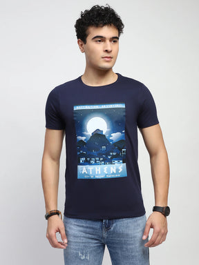 Navy Graphic Print Cotton Blend Regular Fit T-Shirt