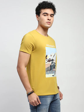 Mustard Graphic Print Cotton Blend Regular Fit T-Shirt