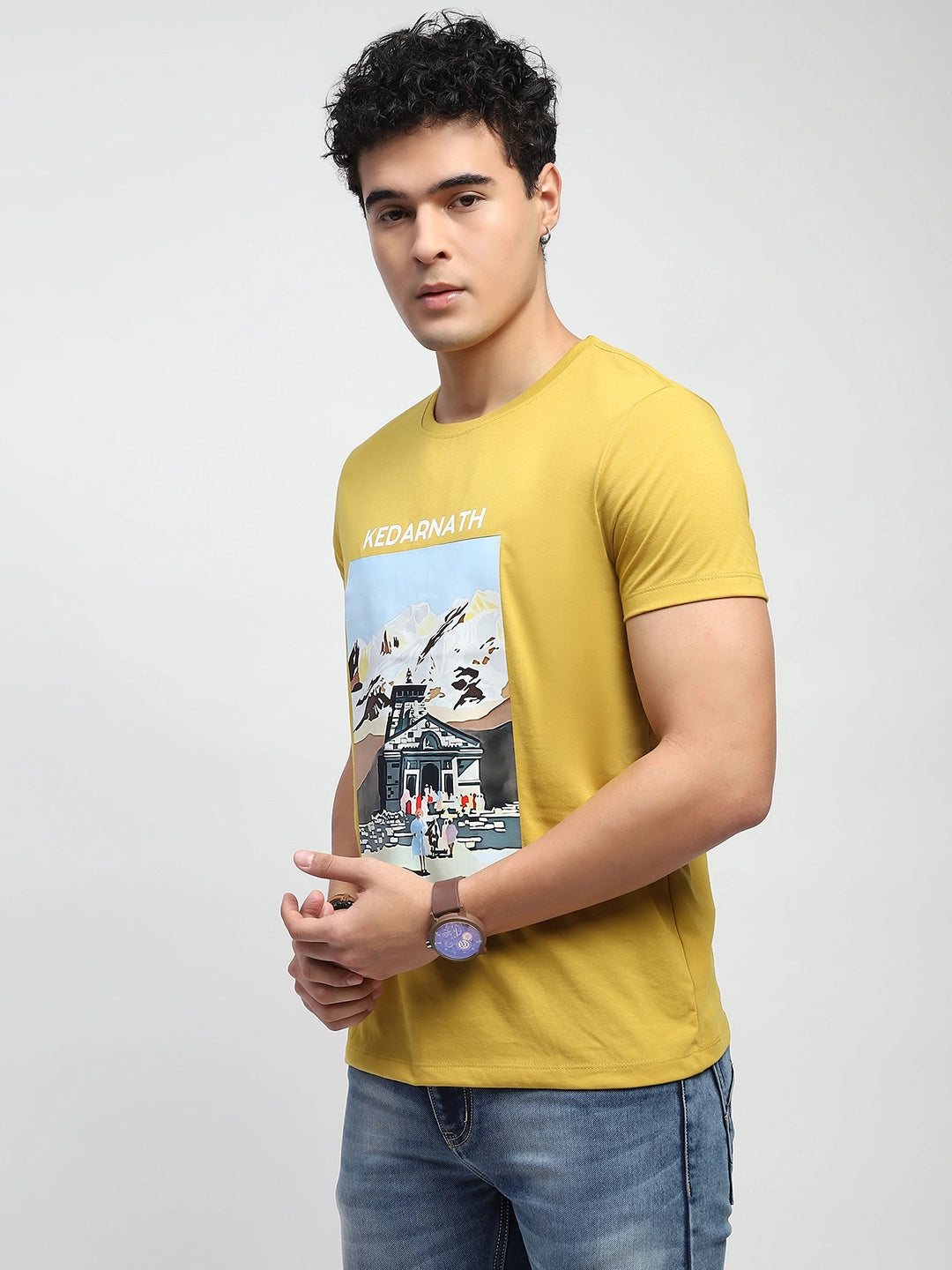 Mustard Graphic Print Cotton Blend Regular Fit T-Shirt