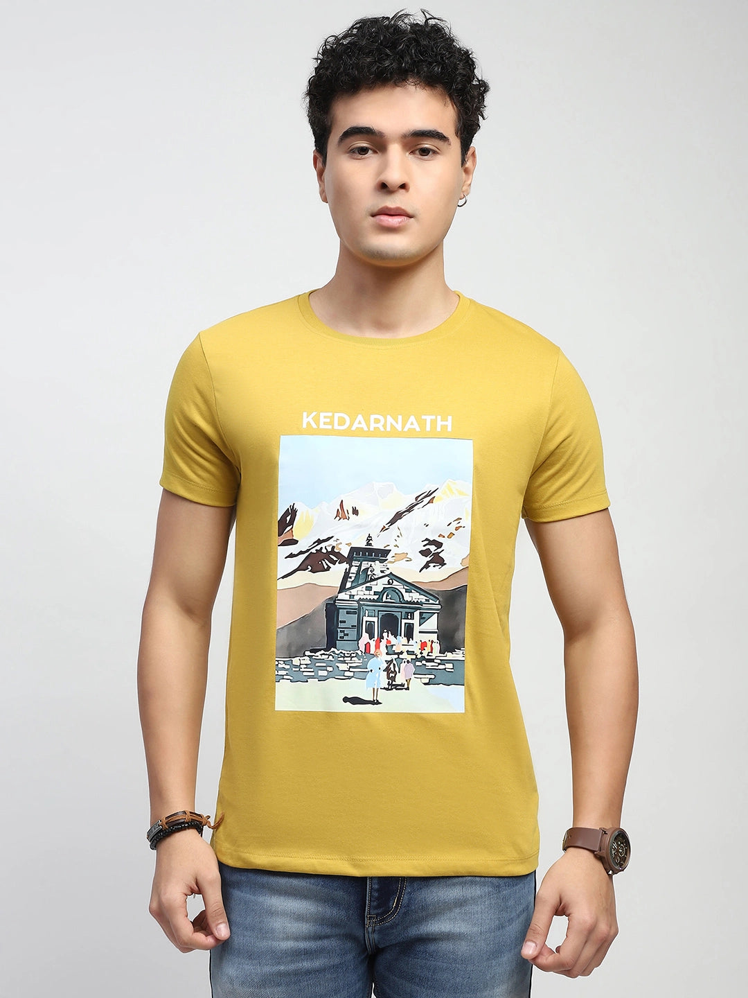 Mustard Graphic Print Cotton Blend Regular Fit T-Shirt