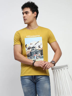 Mustard Graphic Print Cotton Blend Regular Fit T-Shirt