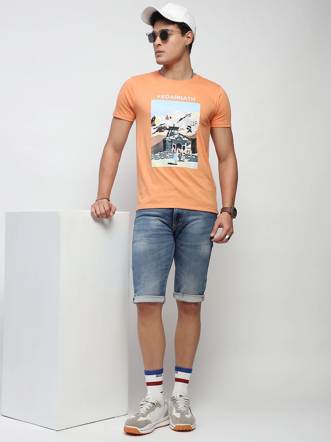 Orange Graphic Print Cotton Blend Regular Fit T-Shirt