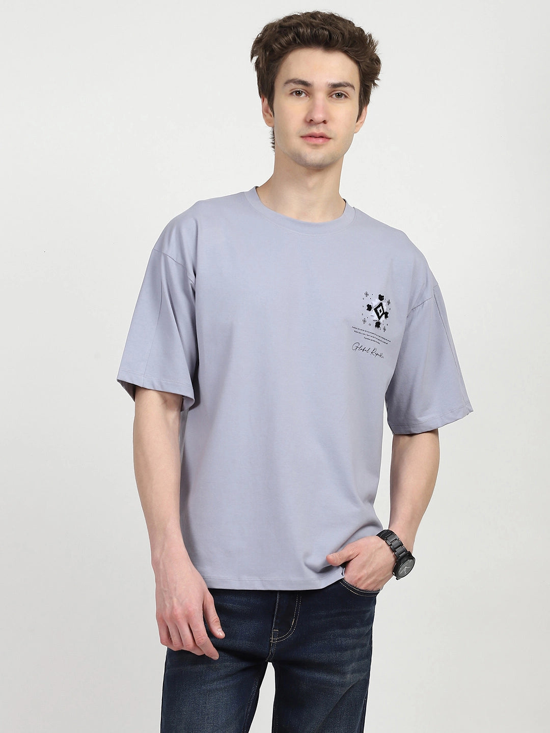 Grey Oversized Graphic Cotton T-shirt