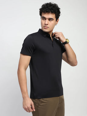 Black Solid Nylon Blend Regular Fit T-Shirt