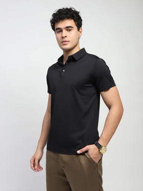 Black Solid Nylon Blend Regular Fit T-Shirt