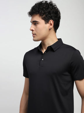 Black Solid Nylon Blend Regular Fit T-Shirt