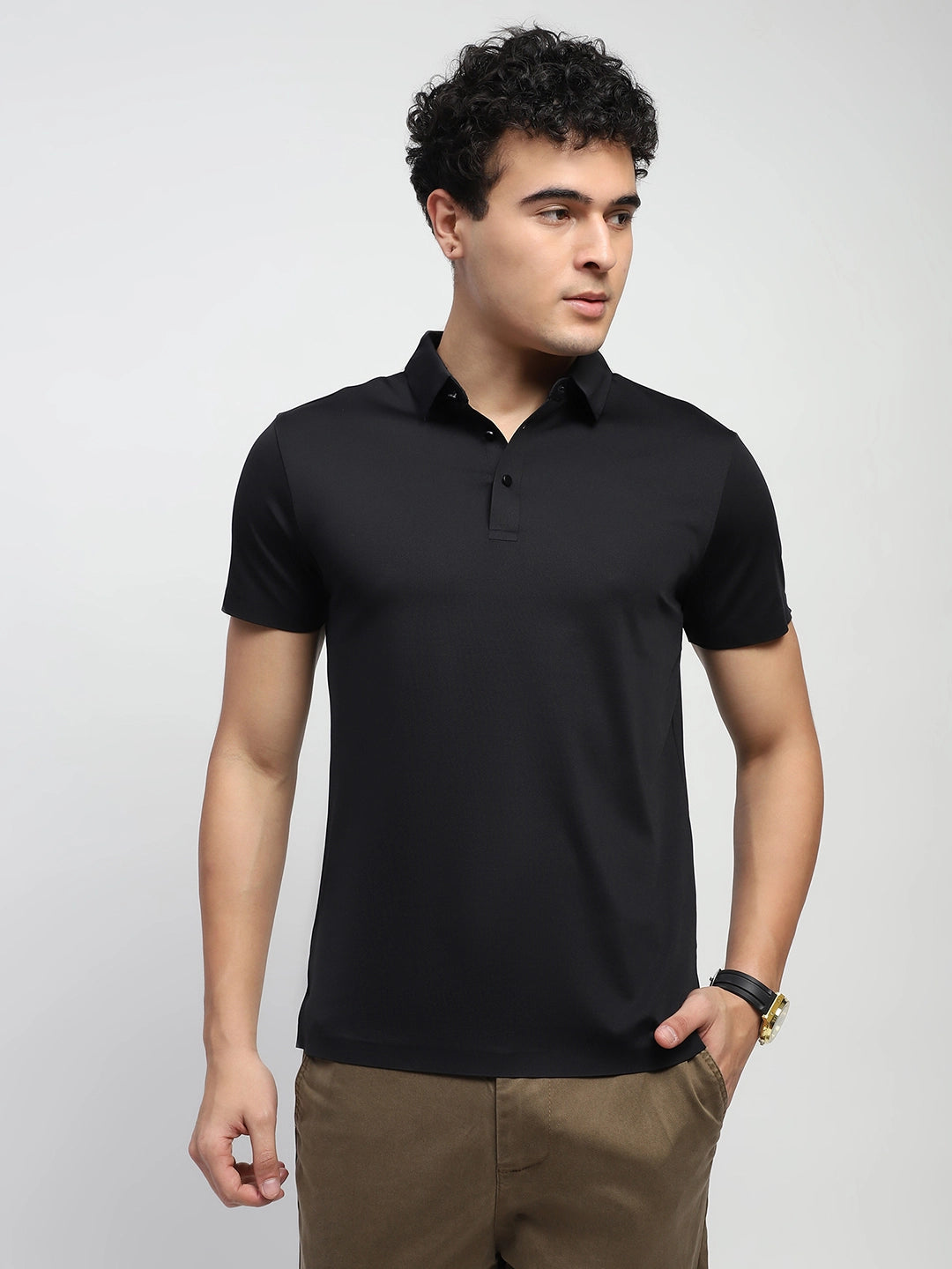 Black Solid Nylon Blend Regular Fit T-Shirt