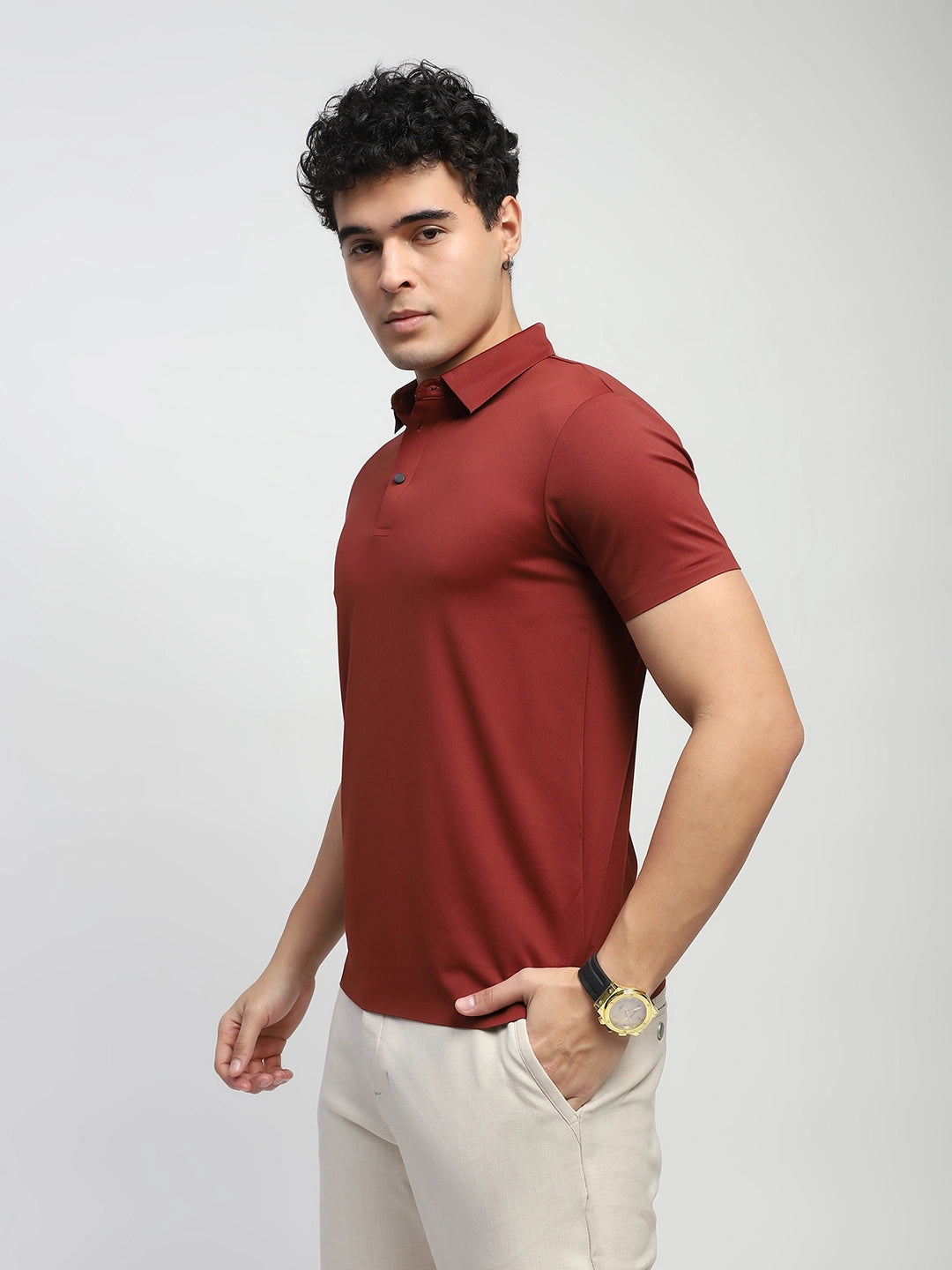 Rust Solid Nylon Blend Regular Fit T-Shirt