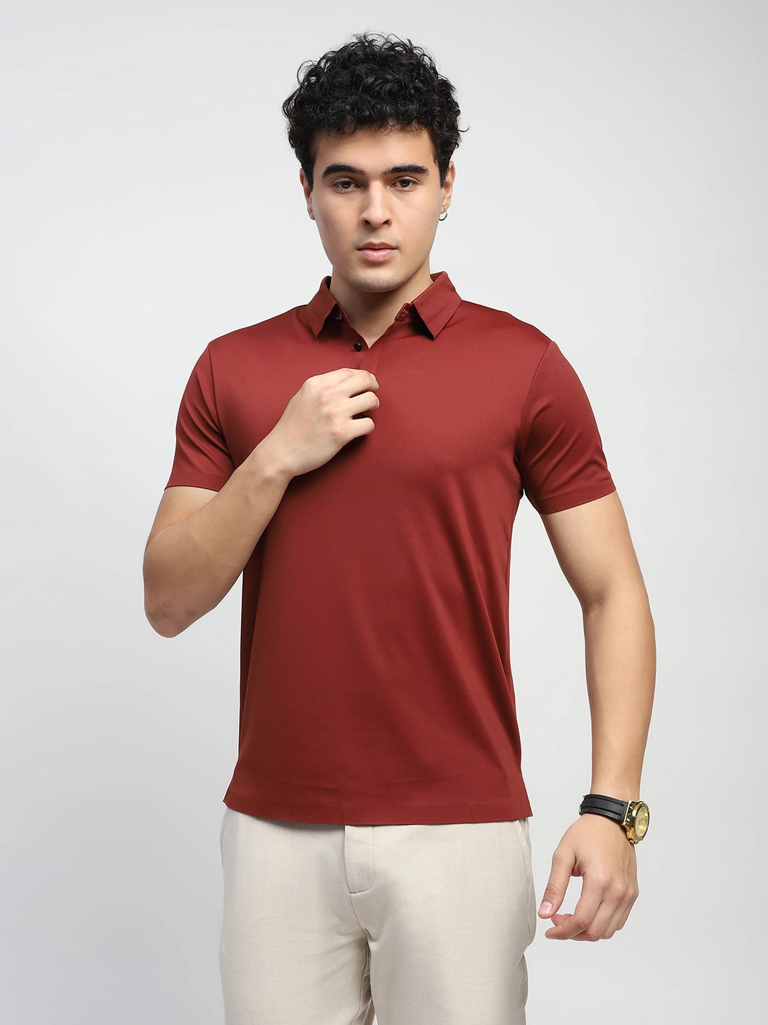 Rust Solid Nylon Blend Regular Fit T-Shirt