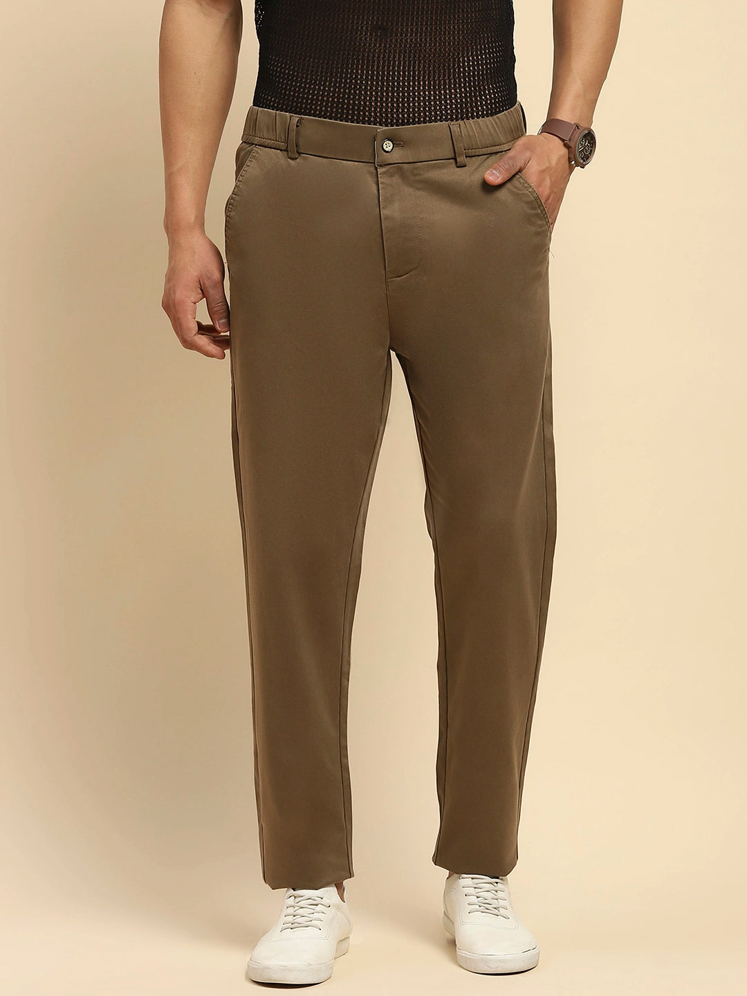 Khaki Cotton Blend Slim Fit Trouser For Men