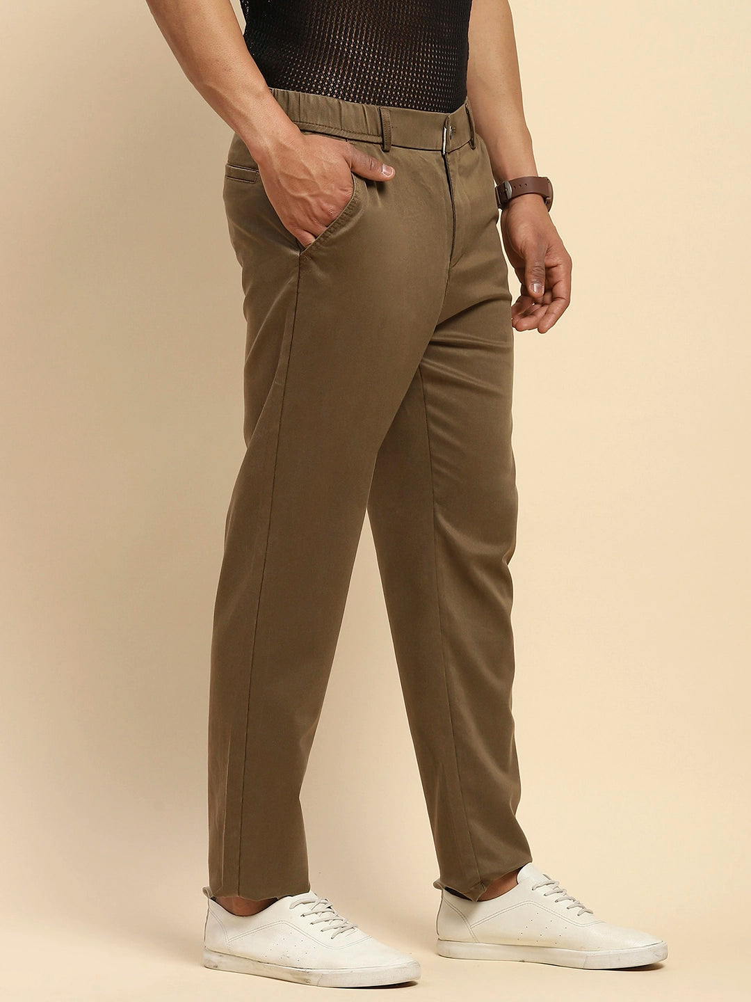 Khaki Cotton Blend Slim Fit Trouser For Men