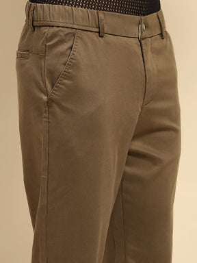 Khaki Cotton Blend Slim Fit Trouser For Men