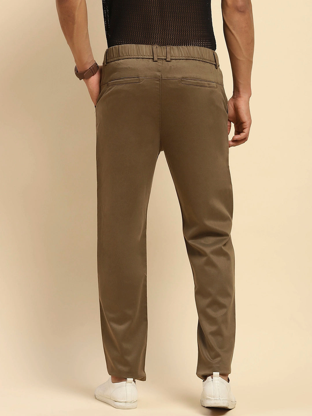 Khaki Cotton Blend Slim Fit Trouser For Men