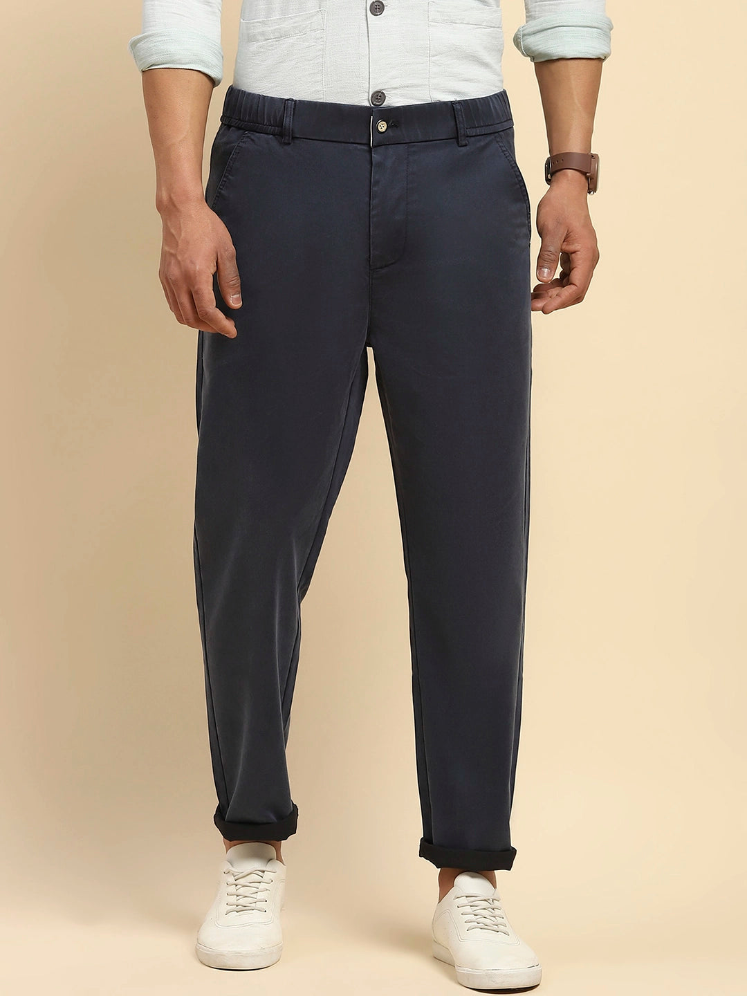 Navy Blue Cotton Blend Slim Fit Trouser For Men