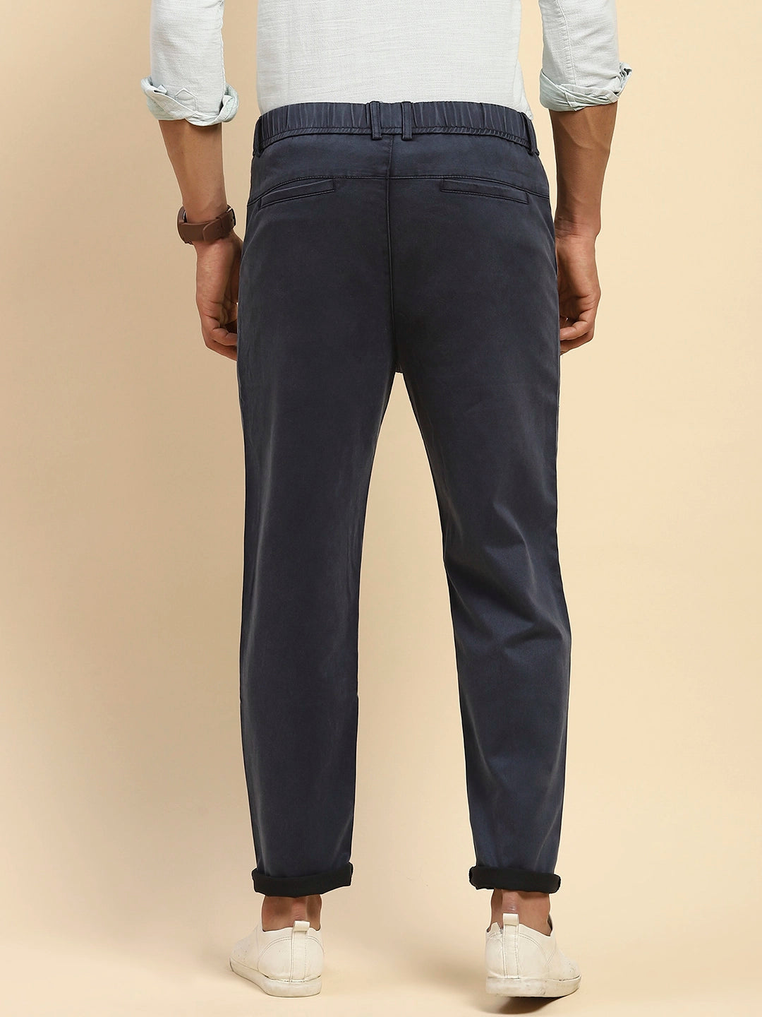 Navy Blue Cotton Blend Slim Fit Trouser For Men