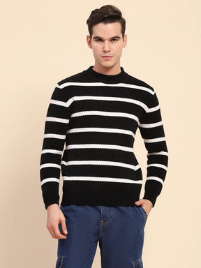 Black Poly Blend Knit Striped Winter Wear Pullover