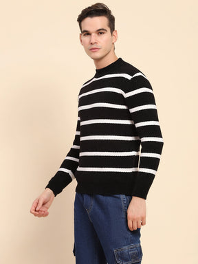 Black Poly Blend Knit Striped Winter Wear Pullover