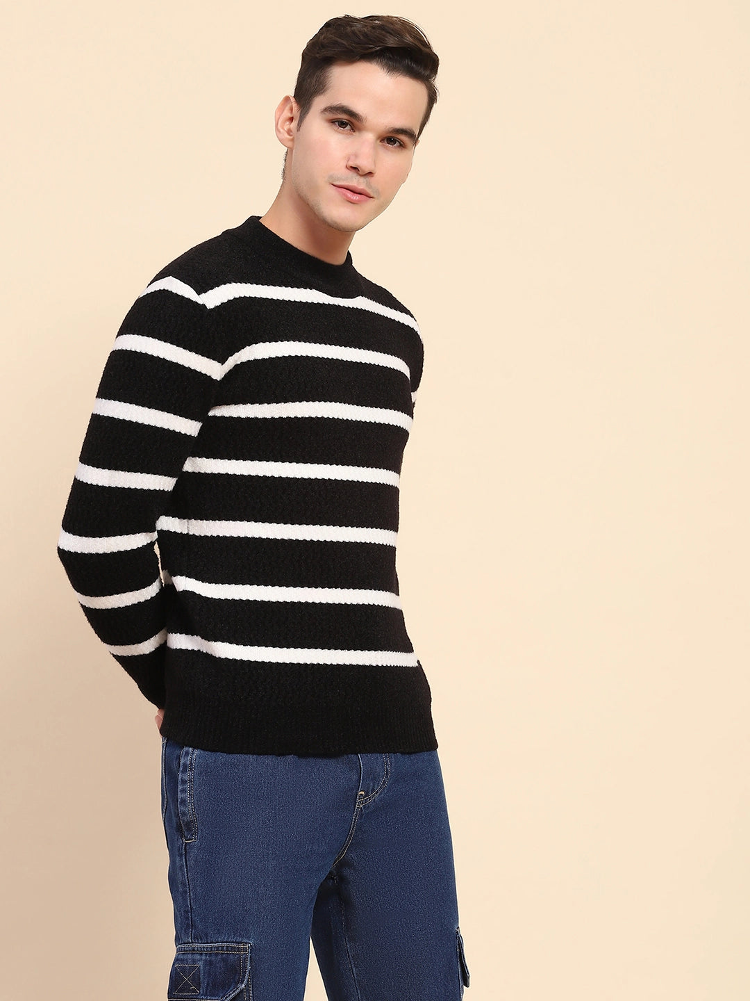 Black Poly Blend Knit Striped Winter Wear Pullover