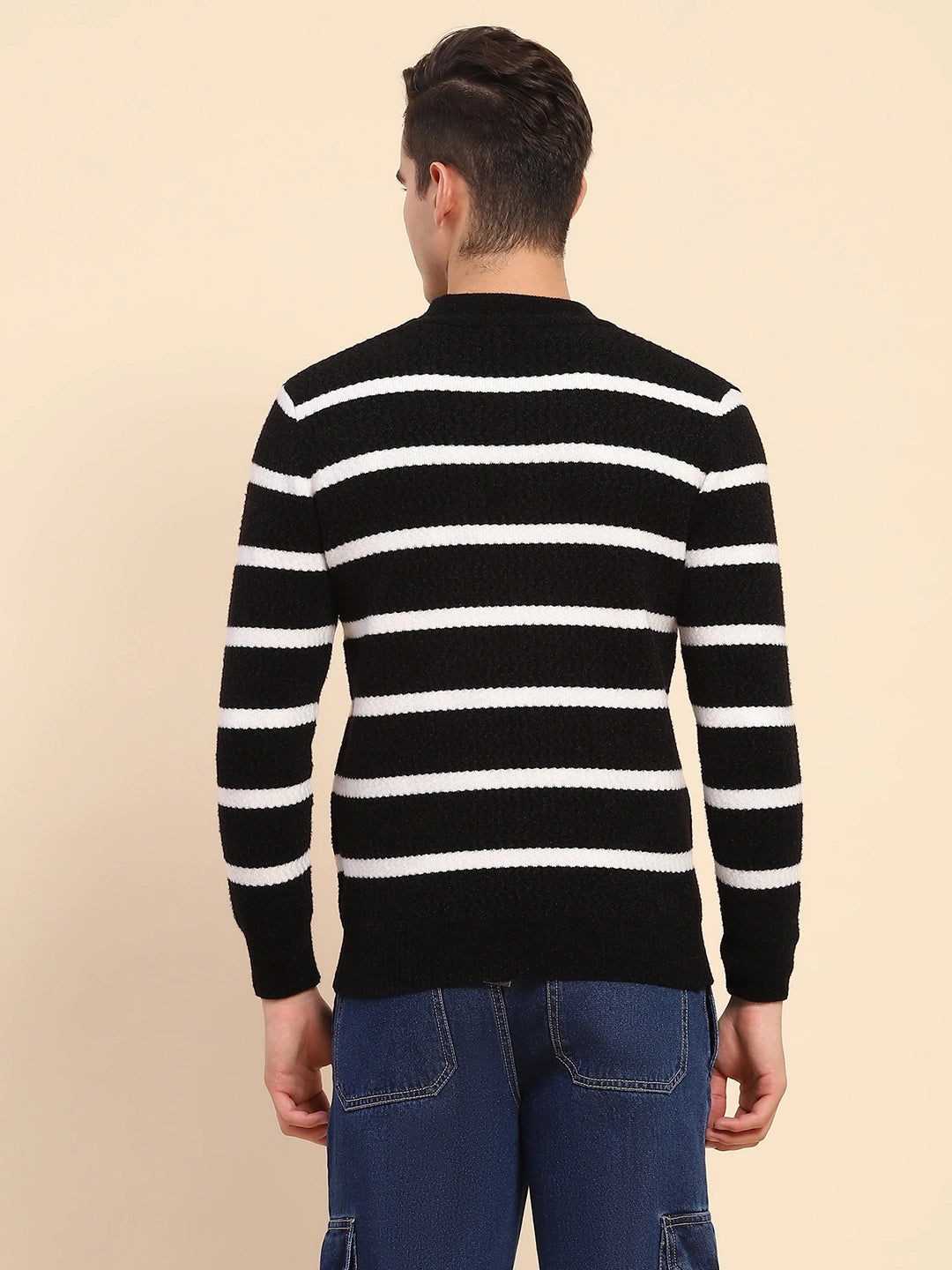 Black Poly Blend Knit Striped Winter Wear Pullover