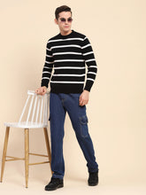 Black Poly Blend Knit Striped Winter Wear Pullover