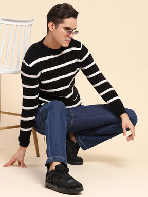 Black Poly Blend Knit Striped Winter Wear Pullover