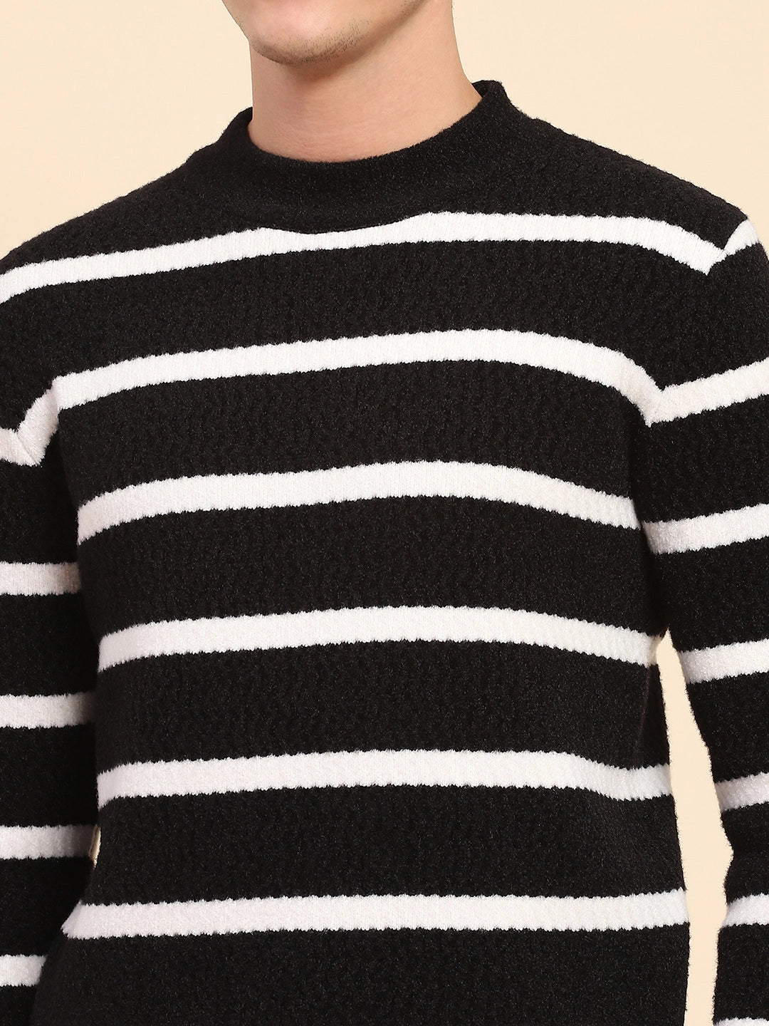 Black Poly Blend Knit Striped Winter Wear Pullover