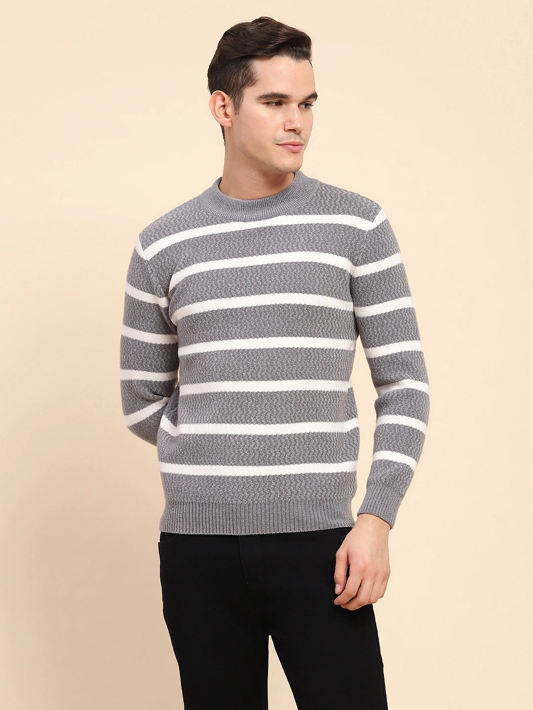 Light Grey Poly Blend Knit Striped Winter Wear Pullover