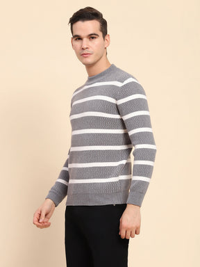 Light Grey Poly Blend Knit Striped Winter Wear Pullover