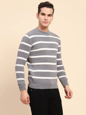 Light Grey Poly Blend Knit Striped Winter Wear Pullover