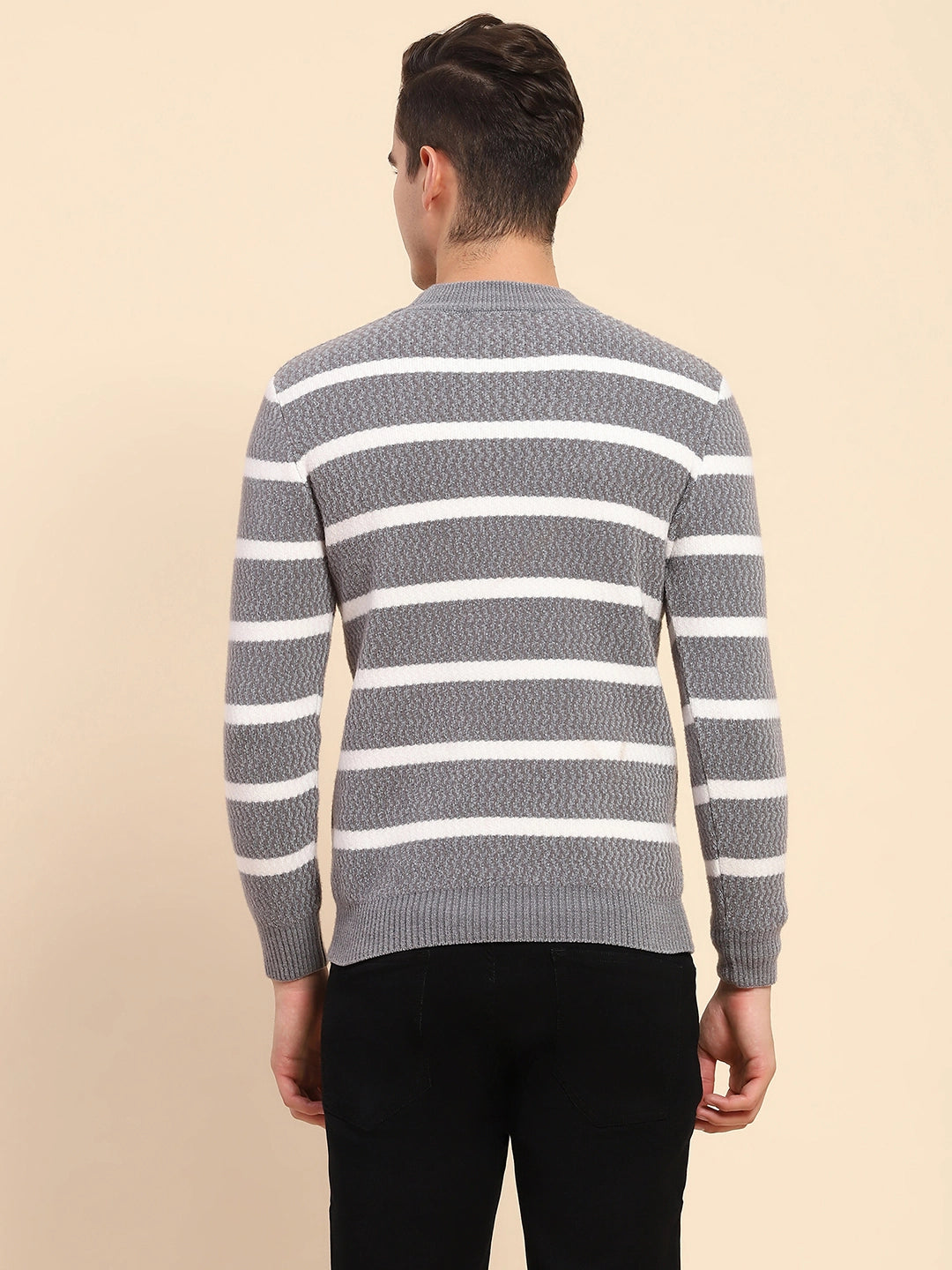 Light Grey Poly Blend Knit Striped Winter Wear Pullover