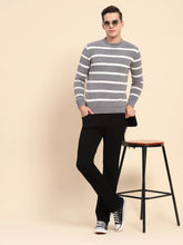 Light Grey Poly Blend Knit Striped Winter Wear Pullover