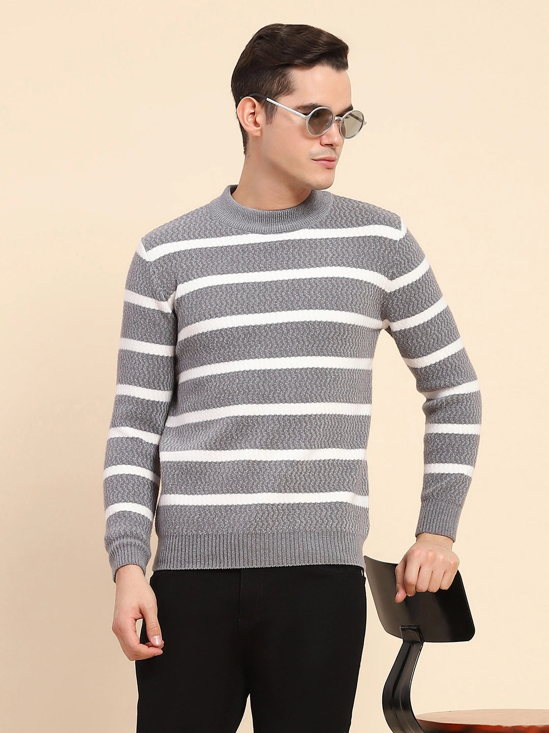 Light Grey Poly Blend Knit Striped Winter Wear Pullover