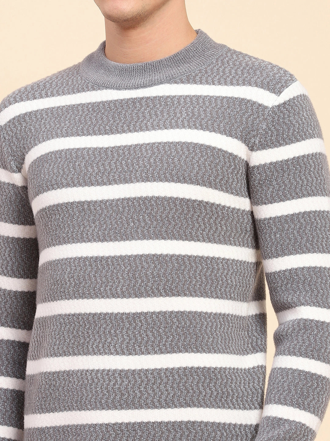 Light Grey Poly Blend Knit Striped Winter Wear Pullover