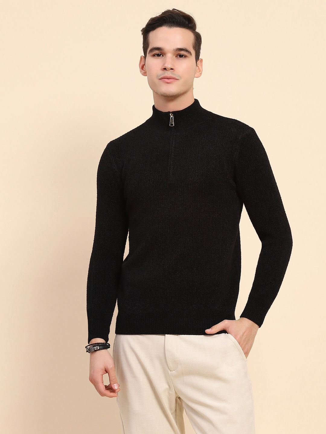 Black Poly Blend Knit Winter Wear Pullover