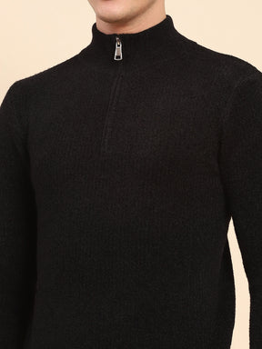 Black Poly Blend Knit Winter Wear Pullover