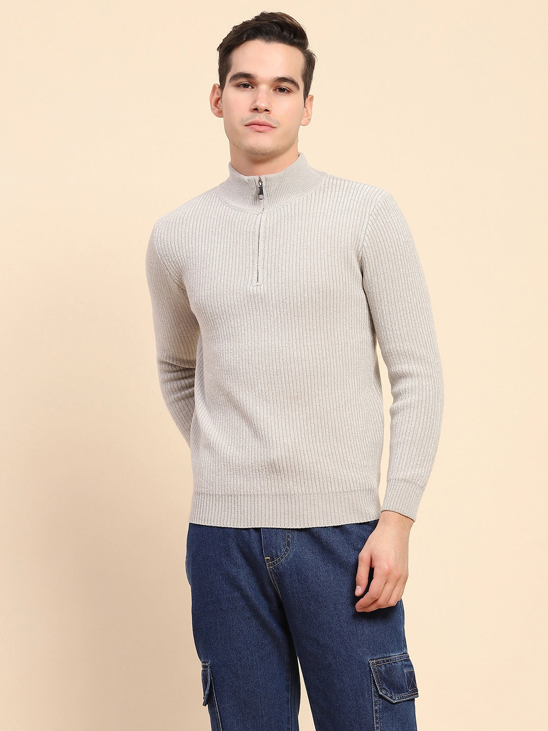 Ecru Poly Blend Knit Winter Wear Pullover