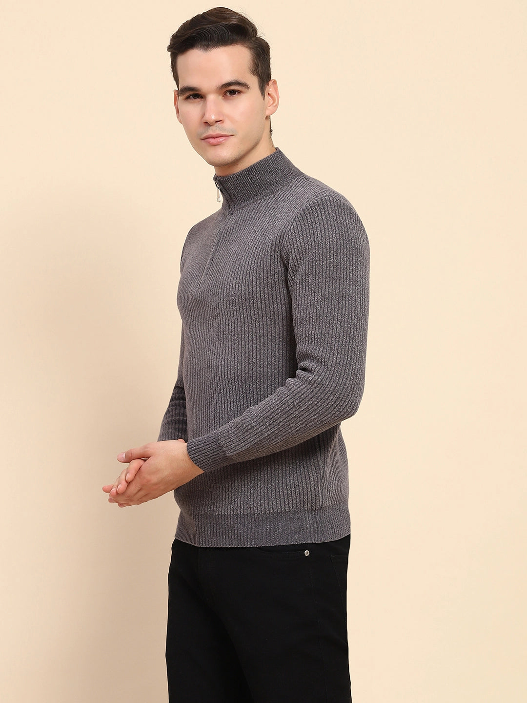 Navy Blue Poly Blend Knit Winter Wear Pullover