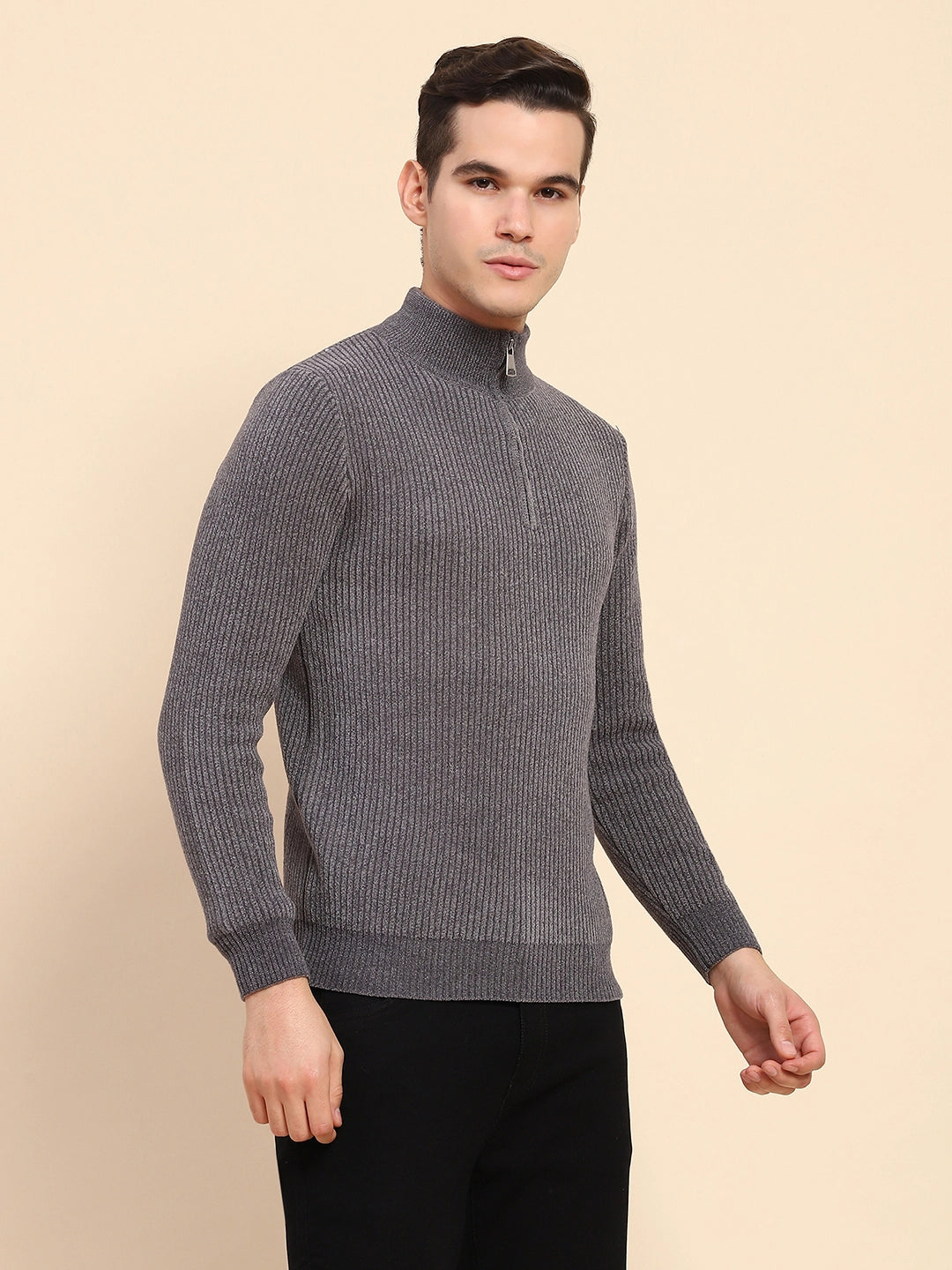 Navy Blue Poly Blend Knit Winter Wear Pullover