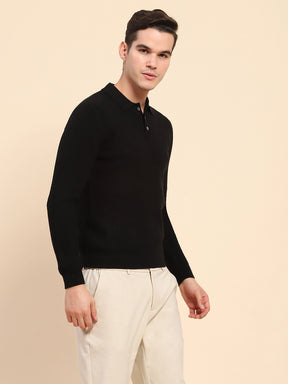 Black Poly Blend Knit Winter Wear Pullover