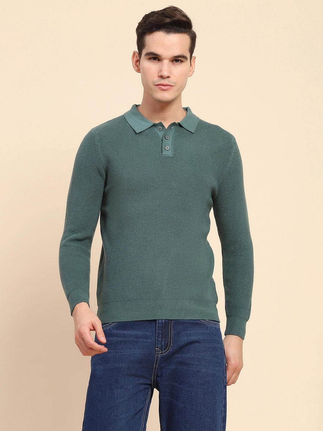 Green Poly Blend Knit Winter Wear Pullover