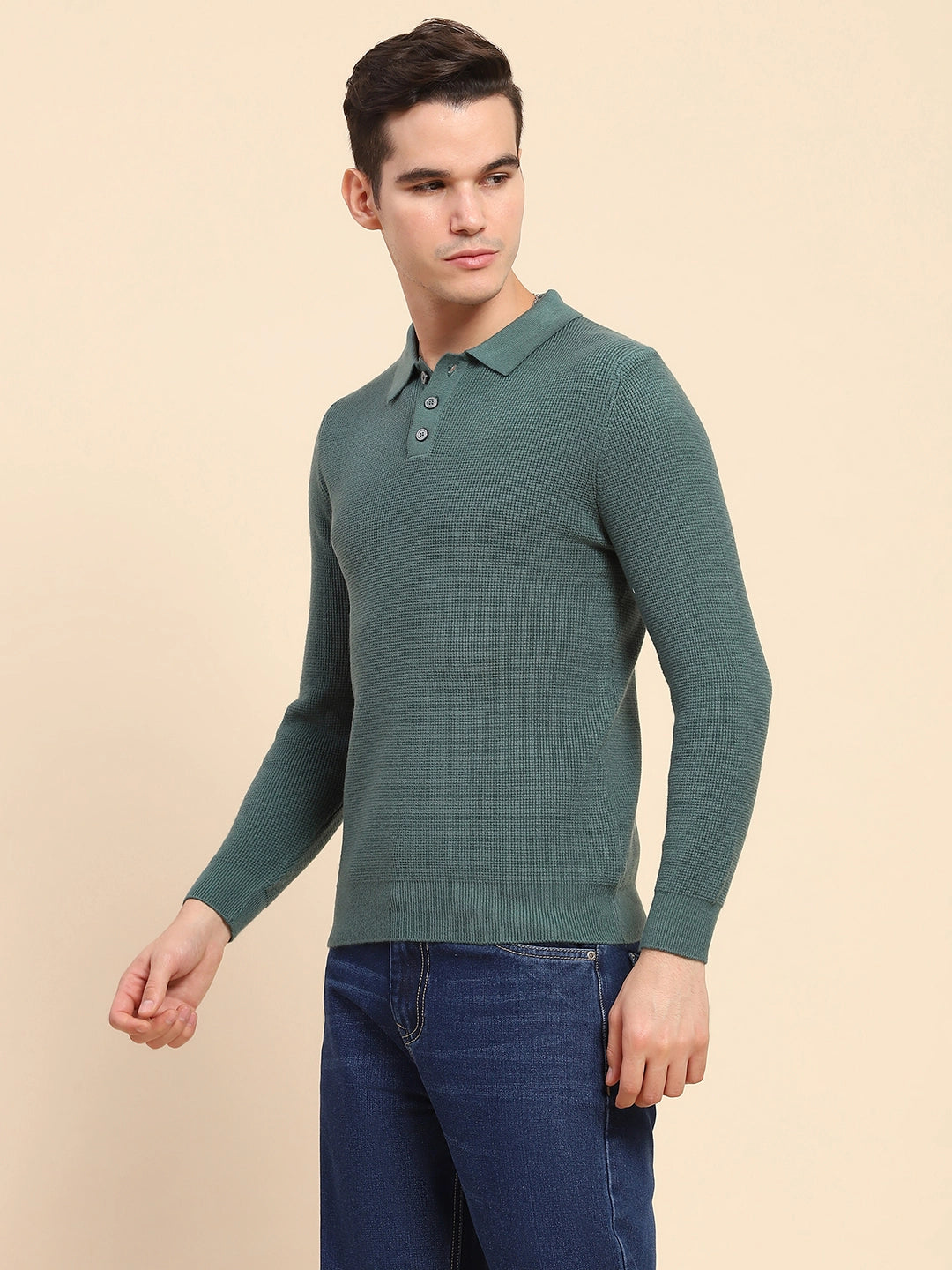 Green Poly Blend Knit Winter Wear Pullover