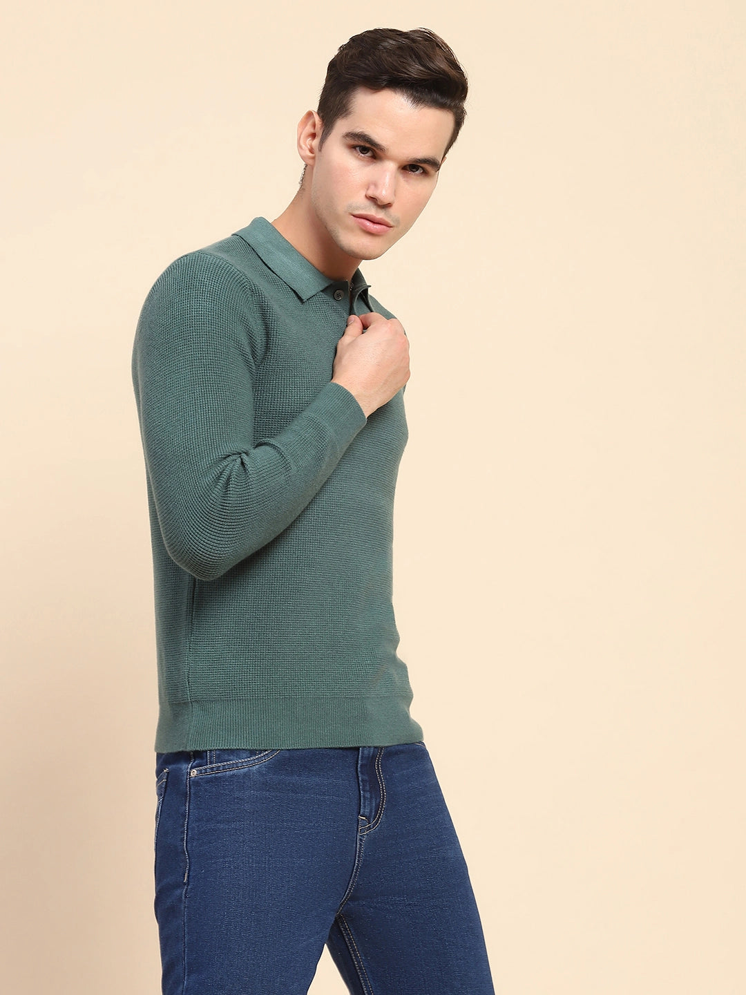 Green Poly Blend Knit Winter Wear Pullover