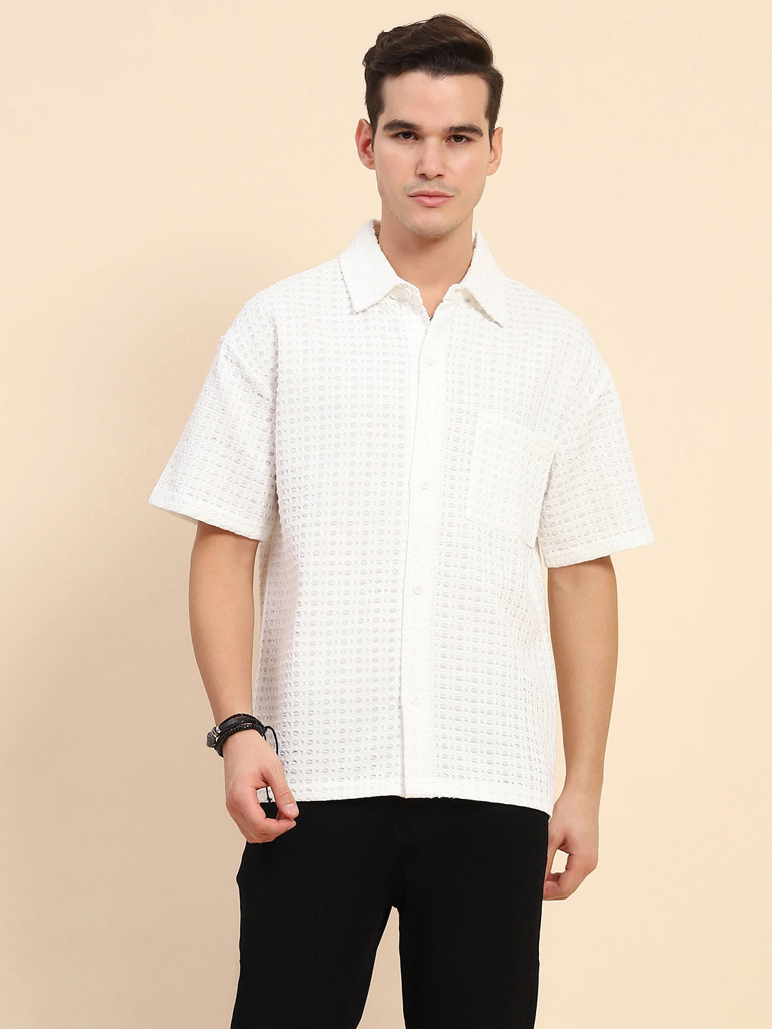 White Poly Blend Textured Loose Fit Casual Shirt