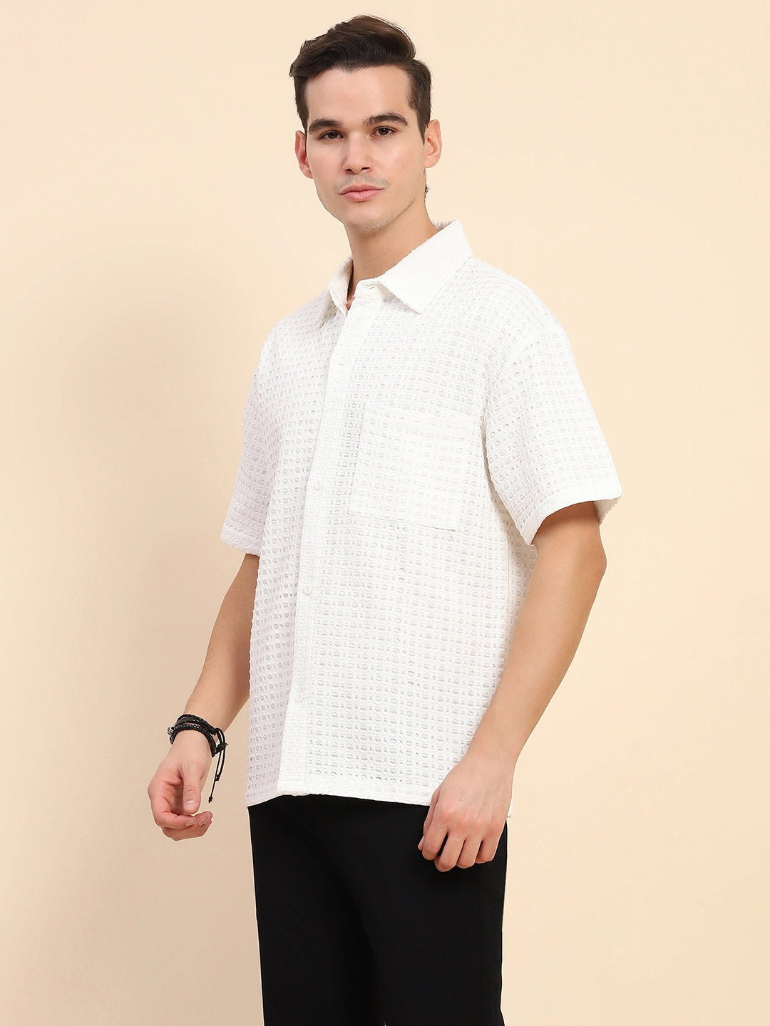 White Poly Blend Textured Loose Fit Casual Shirt