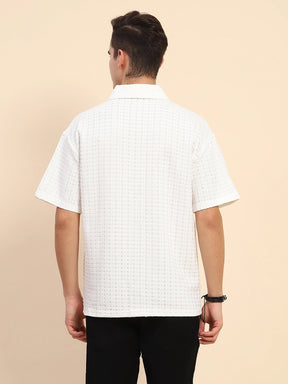 White Poly Blend Textured Loose Fit Casual Shirt