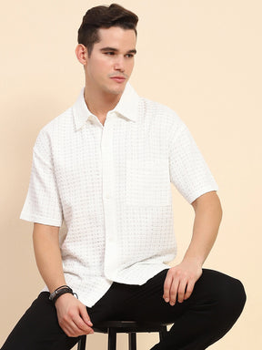 White Poly Blend Textured Loose Fit Casual Shirt