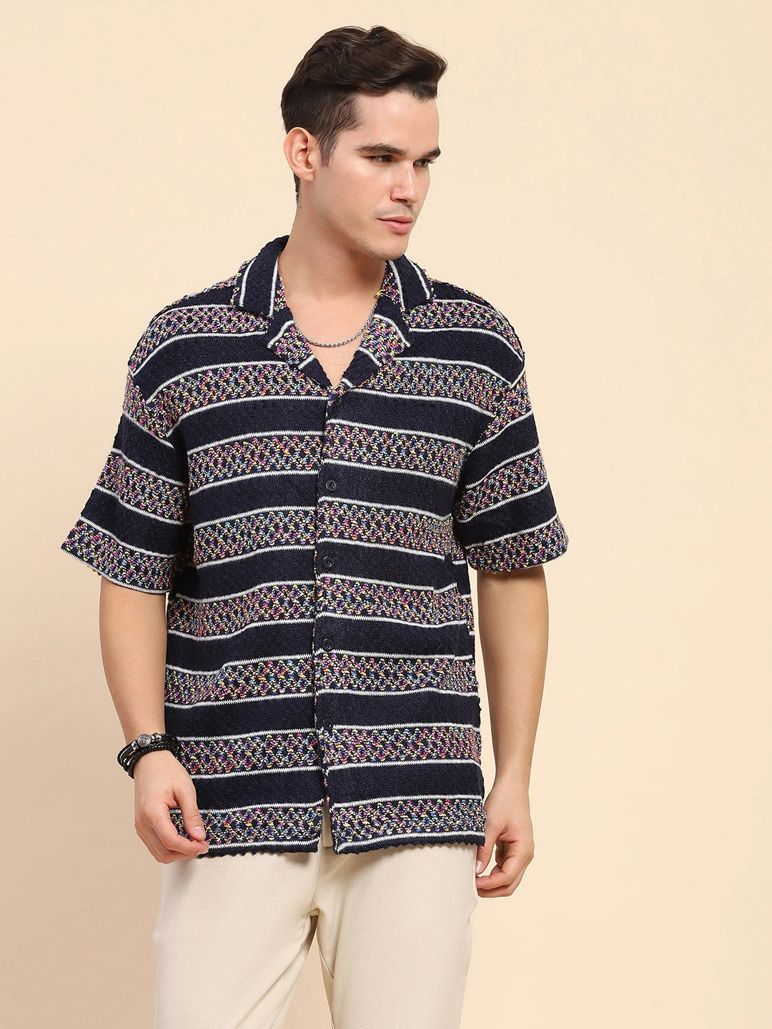 Navy Blue Poly Blend Knitted Loose Fit Casual Shirt