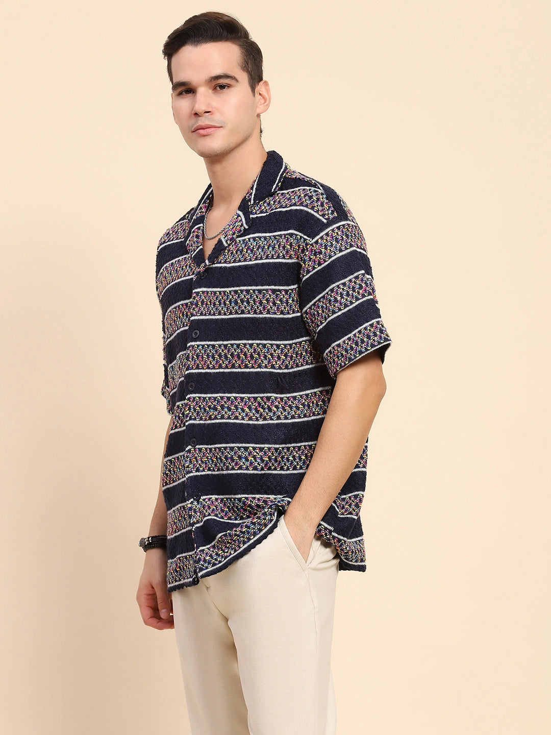 Navy Blue Poly Blend Knitted Loose Fit Casual Shirt