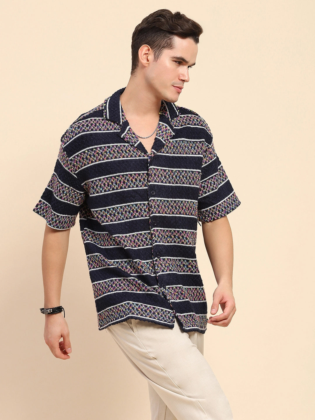 Navy Blue Poly Blend Knitted Loose Fit Casual Shirt